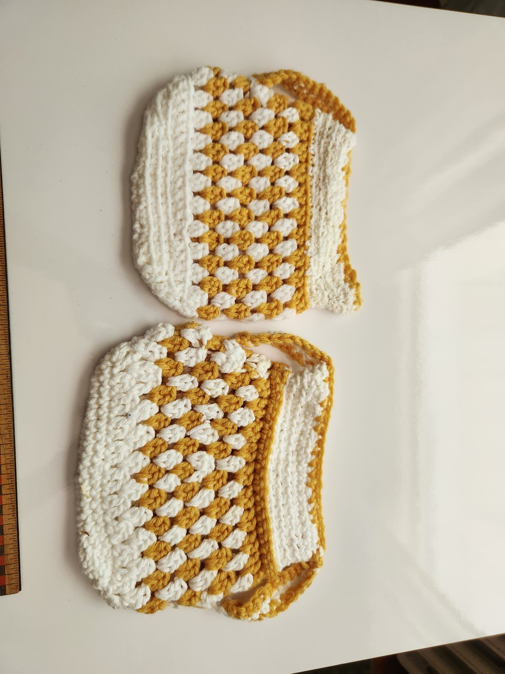 Pair of Yellow and White Vintage handmade crochet pot holders Kitchen Baking